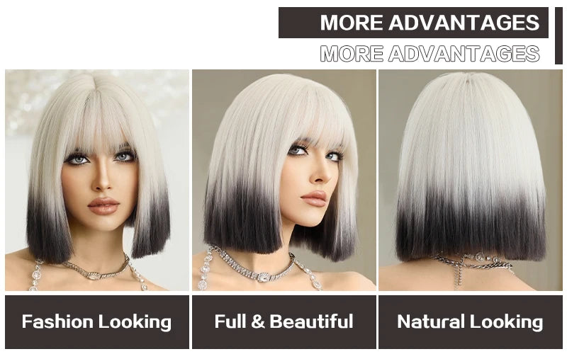 Ombre colored bob wig with bangs, perfect for cosplay or everyday wear.