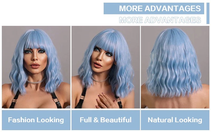 Blue curly bob wig with bangs for women, perfect for Halloween or cosplay parties.