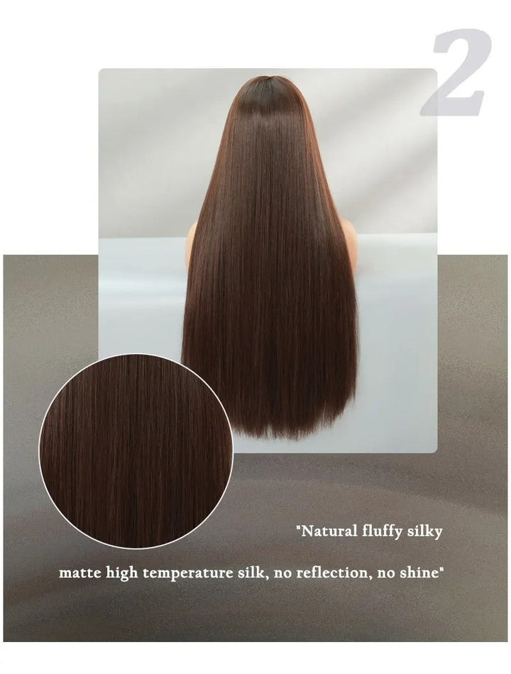 28 Inch Natural Black Wig with Bangs Extra Long Straight Wig for Women. This wig is natural-looking and comes in black-brown synthetic material.
