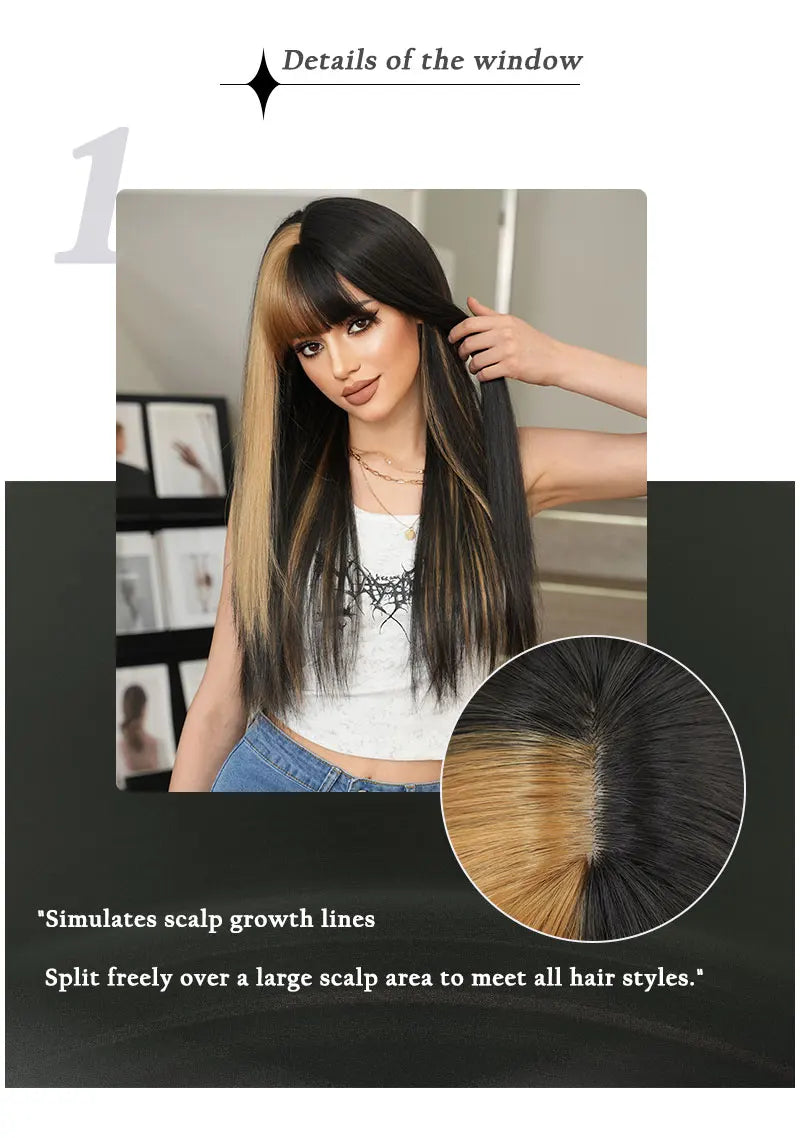 Orange Blonde Long Straight Wig with Bangs Synthetic Cruella De Vil Costume Hair Wig for Women Cosplay Anime Party Halloween.