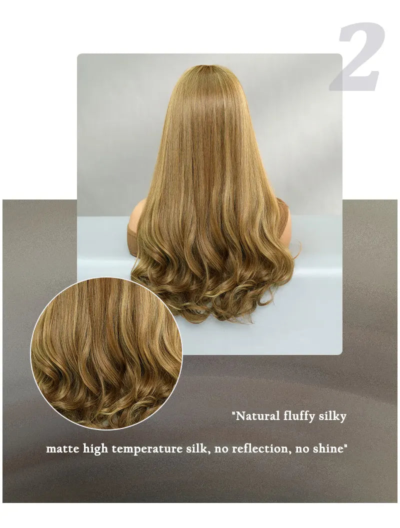24-inch long curly middle-parted blond synthetic hair wigs with bangs. Blonde heat-resistant fiber natural matte wigs. Peluca.