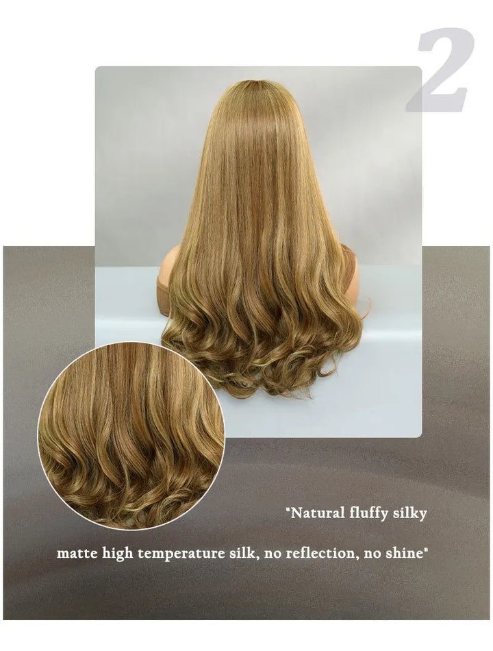 24-inch long curly middle-parted blond synthetic hair wigs with bangs. Blonde heat-resistant fiber natural matte wigs. Peluca.