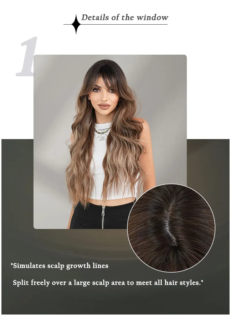 Ombre Brown Long Curly Hair Wig with Bangs for Women - 28 Inches