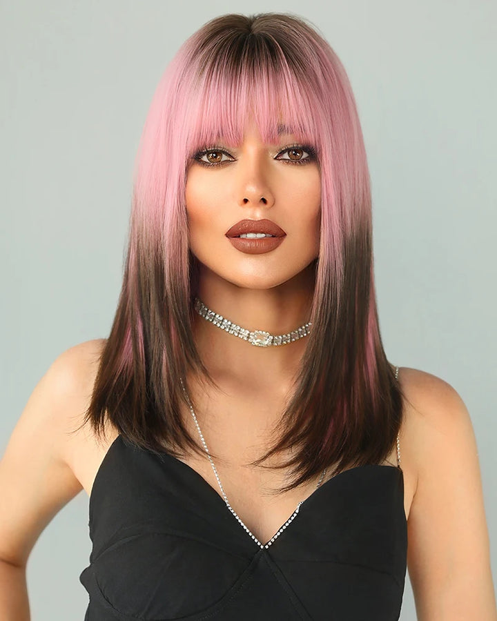 Pink and brown ombre wig with bangs for women. Great for cosplay, Christmas parties, and other events. Made of synthetic material.