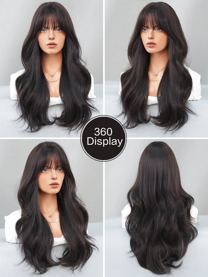 30-inch long curly highlighted brown synthetic hair wig. Made from heat-resistant fiber for a natural matte finish. Peluca.