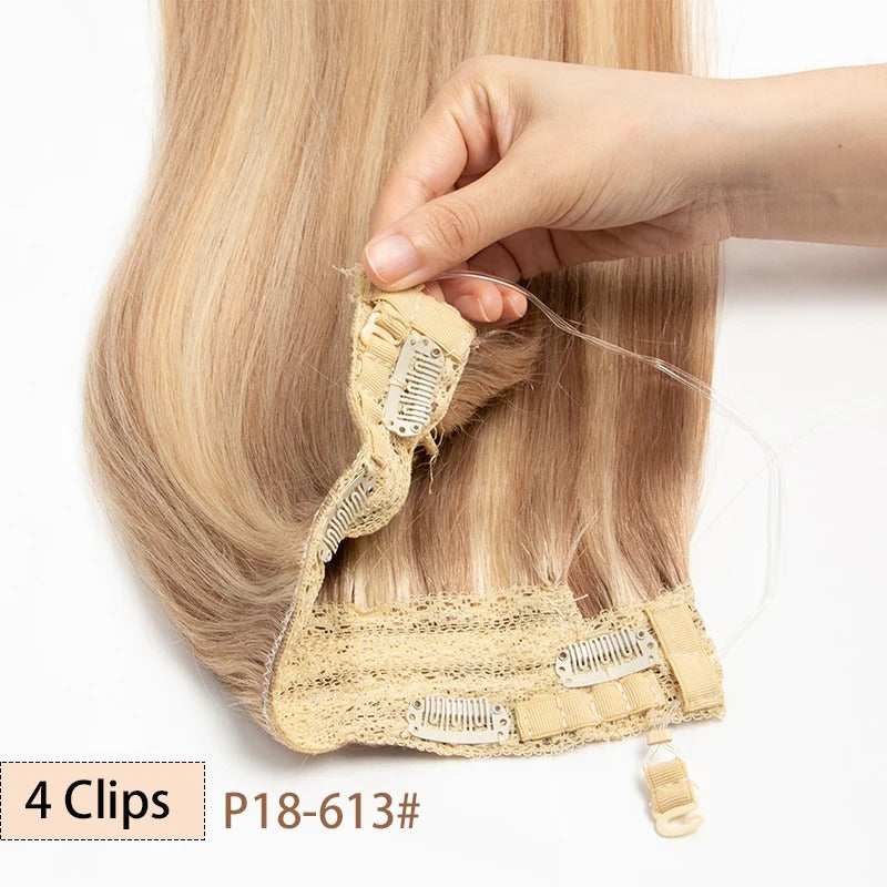 Fish Line Wire Hair Extensions - Invisible Clip-in Human Hair Extensions with 4 Clips. Made from real natural hair, available in lengths of 12-24 inches.