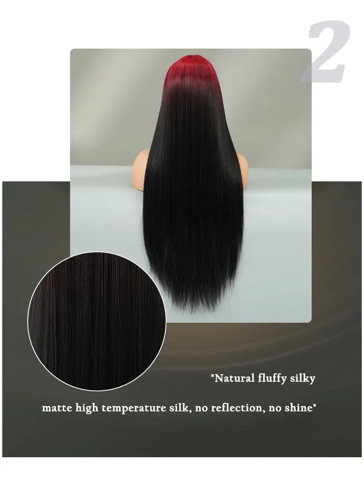 32" Ombre Red Synthetic Hair Wig with Bangs and Middle Part, Billie Eilish Style