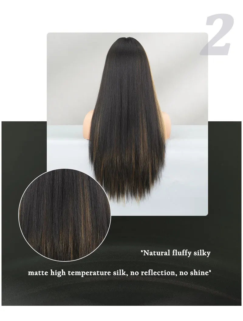 Orange Blonde Long Straight Wig with Bangs Synthetic Cruella De Vil Costume Hair Wig for Women Cosplay Anime Party Halloween.