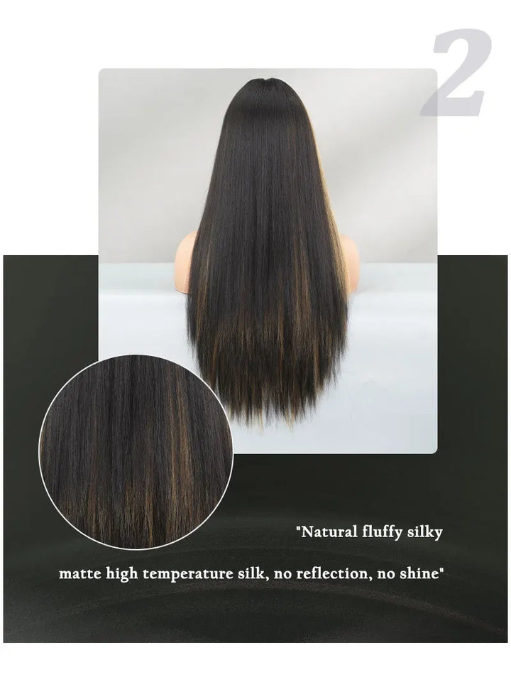 Orange Blonde Long Straight Wig with Bangs Synthetic Cruella De Vil Costume Hair Wig for Women Cosplay Anime Party Halloween.