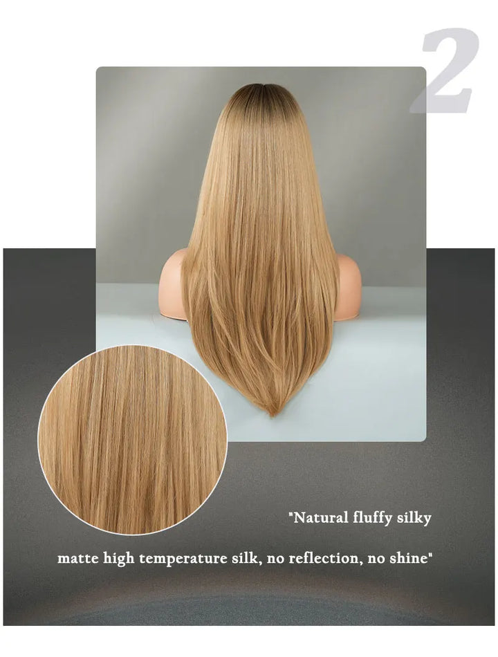26-inch Layered Long Straight Ombre Blonde Middle-Parted Synthetic Matte Hair Wig for Women, Heat Resistant.