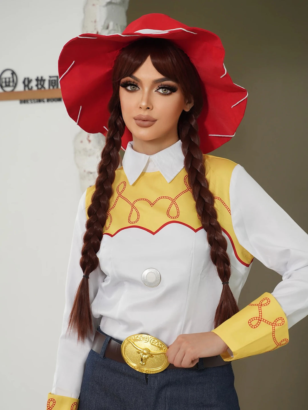 Red and black costume wig with pigtail braids, perfect for cosplay, Halloween, or drag queen looks inspired by the Crazy Bride character from Suicide Squad. Made with synthetic hair.