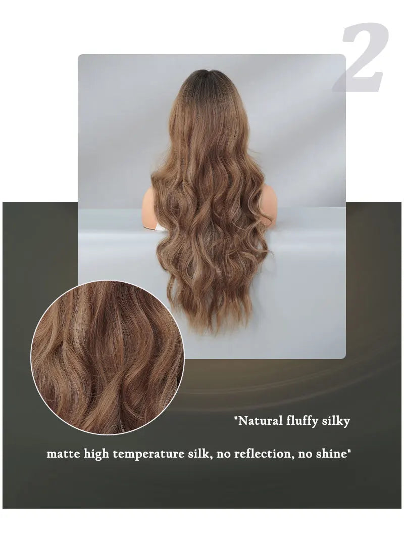 Ombre Brown Long Curly Hair Wig with Bangs for Women - 28 Inches