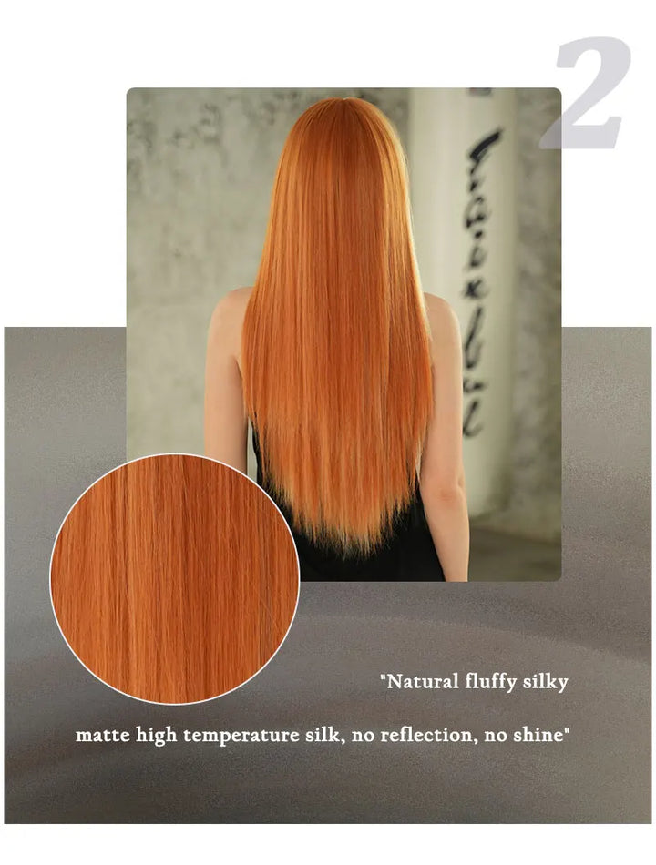 Orange Blonde Long Straight Wig with Bangs Synthetic Cruella De Vil Costume Hair Wig for Women Cosplay Anime Party Halloween.
