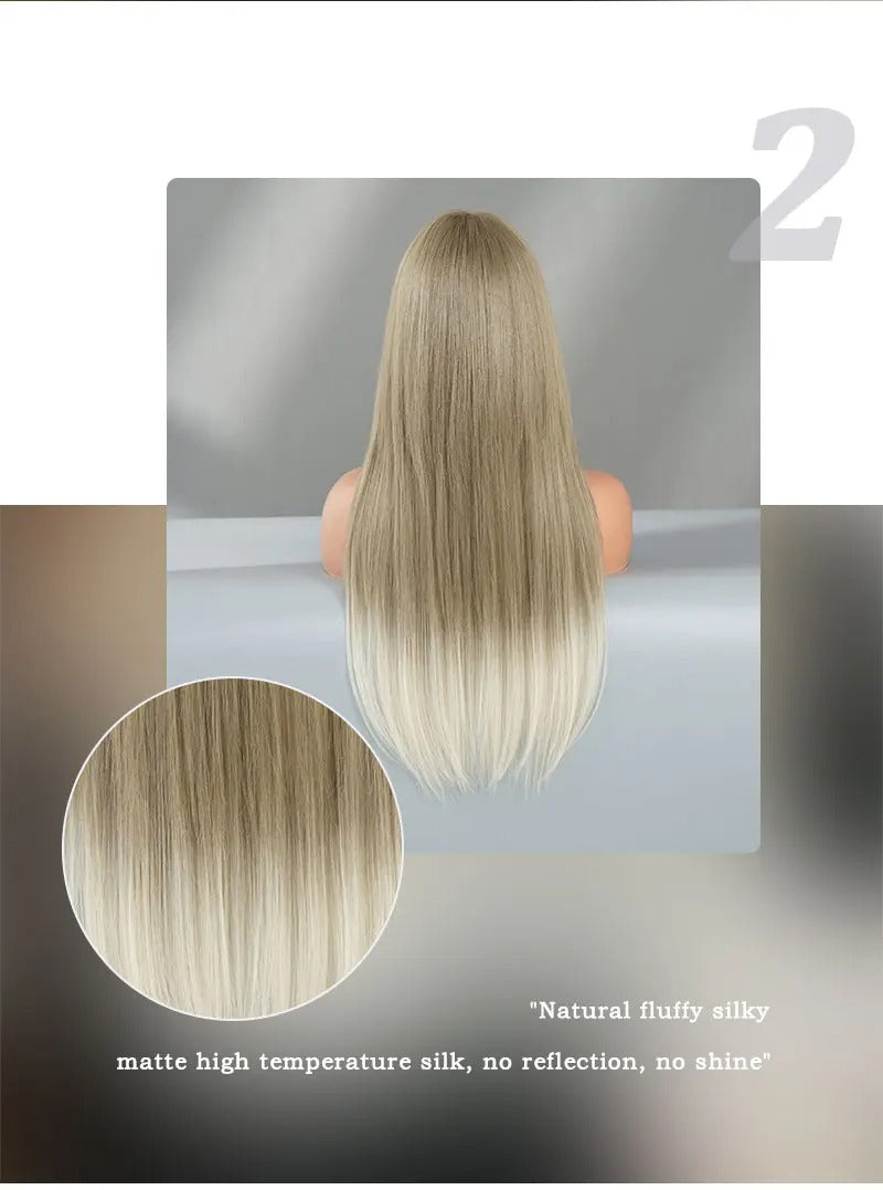 Synthetic hair wig with long straight hair, bangs, middle part, and highlight gray color. Perfect for women, cosplay, and drag queens.