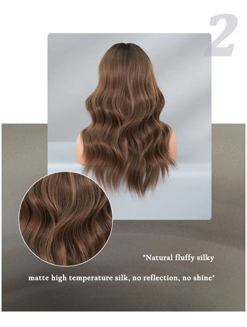 22" Curly Brown Synthetic Hair Wig, Shoulder Length, Water Wavy, Heat Resistant Fiber, Natural Look, Matt Finish.