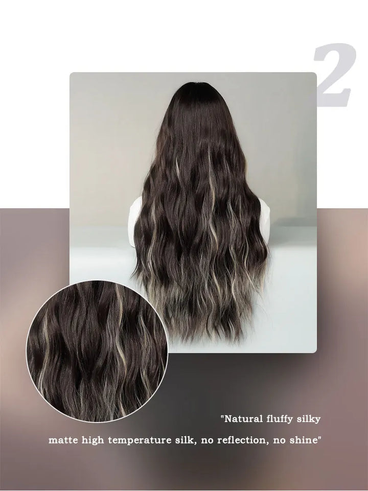 Brown wig with bangs, long wavy style with mixed blonde highlights. Made from natural curly synthetic fiber, resistant to heat. Perfect for daily use by women.