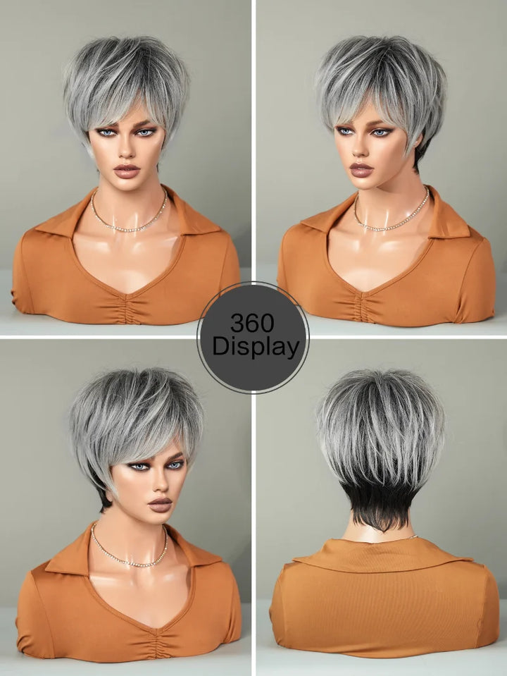 Ombre red pixie cut wig with bangs, cute and natural-looking. Short black and burgundy layered wavy style for women.