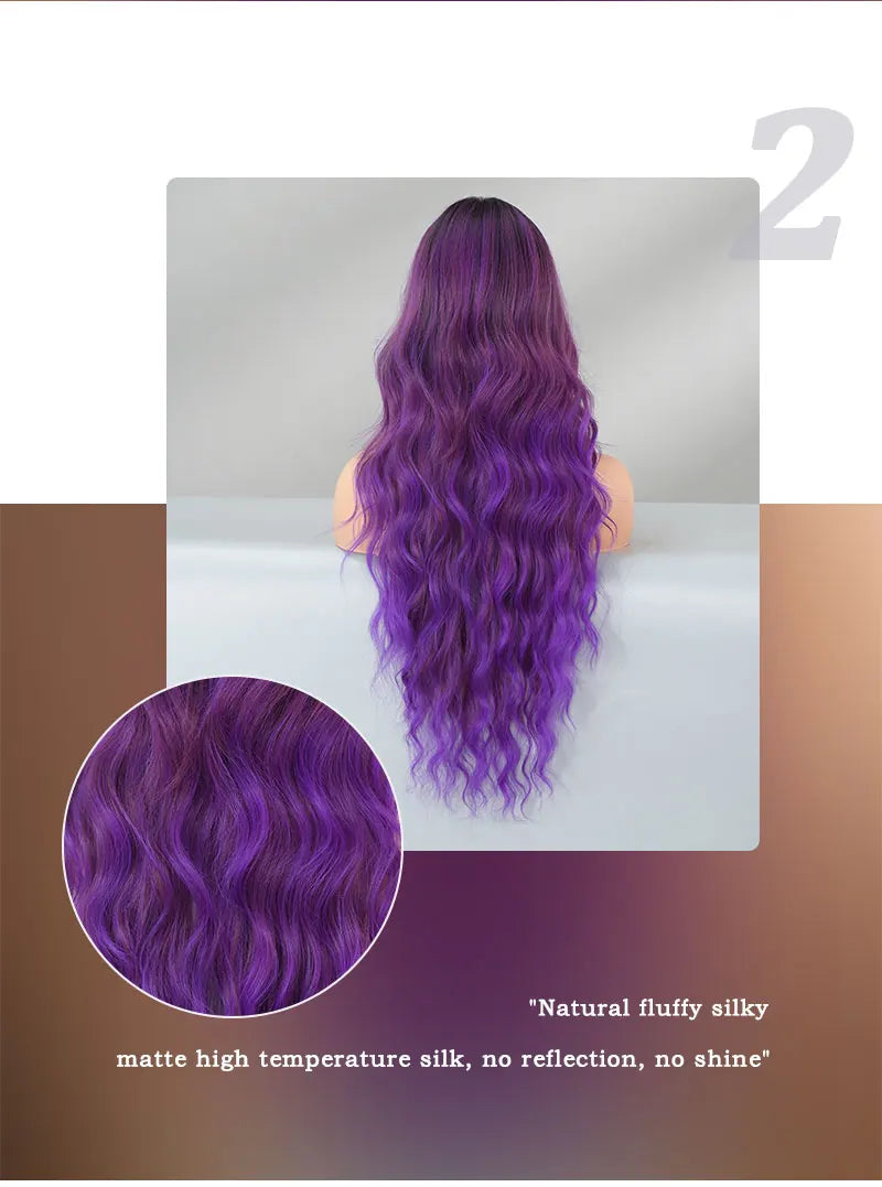 Ombre Purple Synthetic Hair Skunk Stripe Long Wavy Wigs, Heat Resistant Fiber, Wholesale, Natural Matt Wigs, 30 Inch