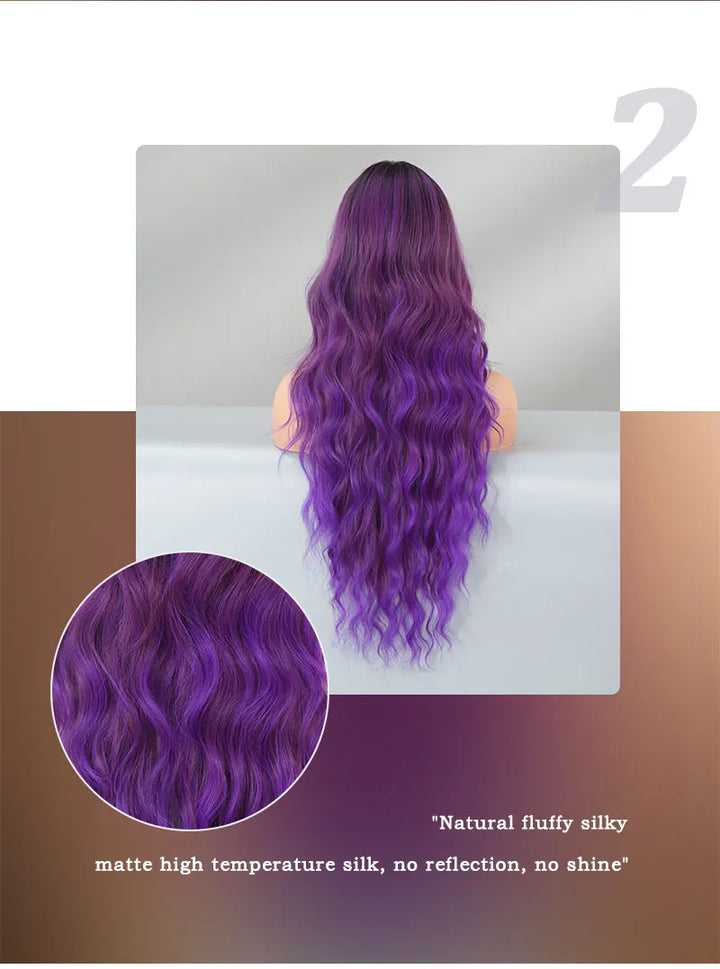 Ombre Purple Synthetic Hair Skunk Stripe Long Wavy Wigs, Heat Resistant Fiber, Wholesale, Natural Matt Wigs, 30 Inch
