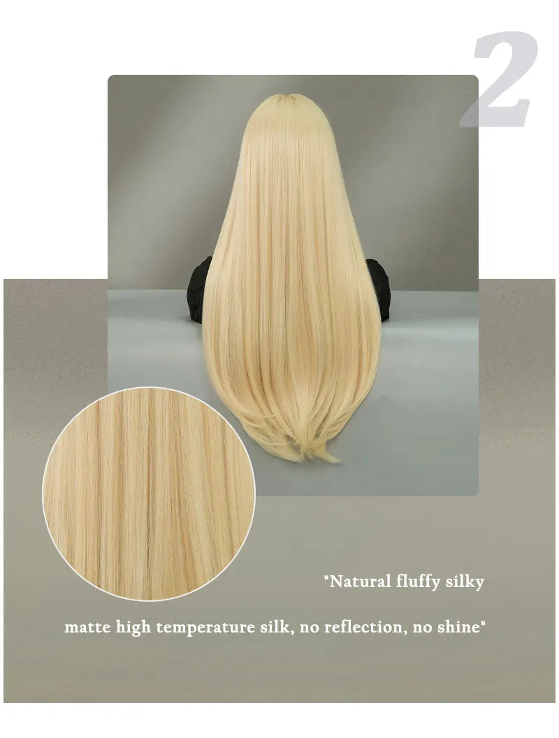 High-quality long straight blonde synthetic hair with bangs for women. Heat-resistant fiber wig, hot selling 28 inches.