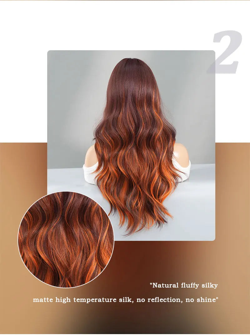 Ginger Orange Wig with Highlights - Synthetic Hair Wig with Brown Skunk Stripe, Long Wavy Style, Heat Resistant Fiber.