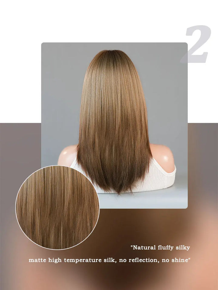 Ombre Blonde Wigs for Women Medium Length Straight Layered Synthetic Wigs With Bangs