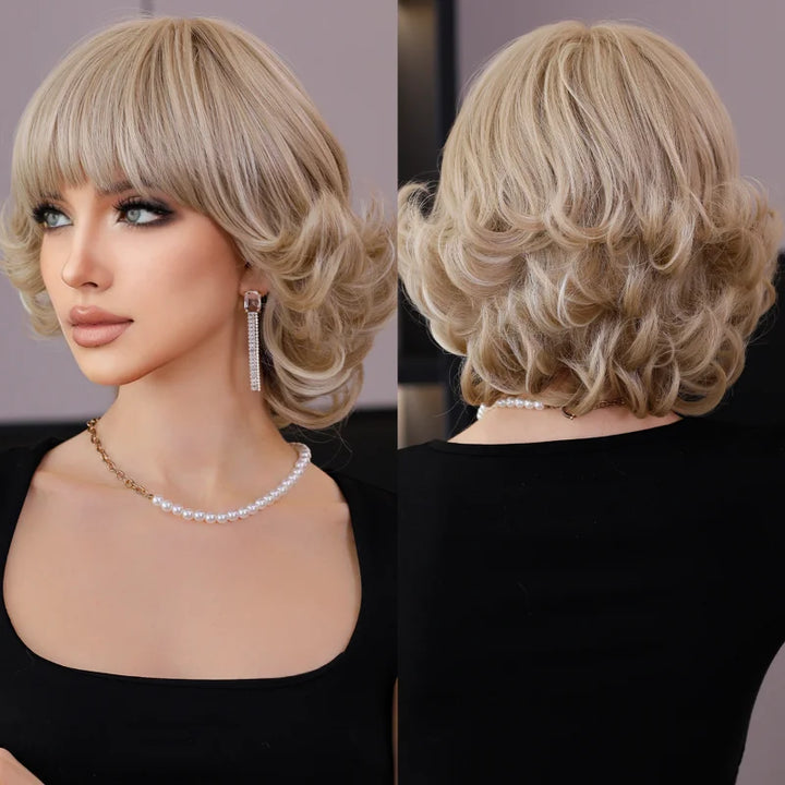 Ombre red pixie cut wig with bangs, cute and natural-looking. Short black and burgundy layered wavy style for women.