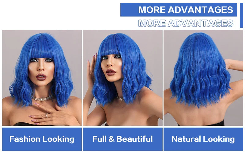 Short lavender purple curly bob wig with bangs for women, perfect for Halloween cosplay.
