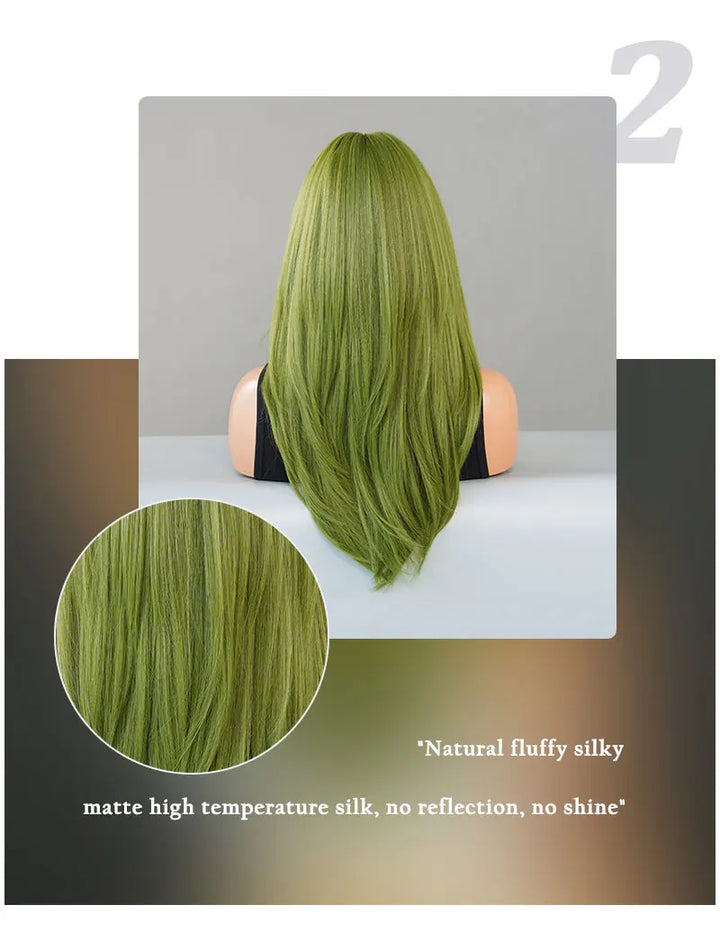 Light pink long wavy wig with bangs, 26 inches, made of synthetic heat-resistant hair. Perfect for daily use.