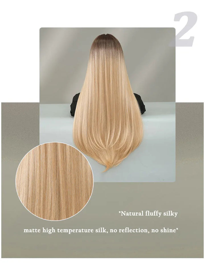 Long Straight Ombre Blonde Synthetic Hair With Bangs for Women Heat Resistant Fiber Wig Hot Selling 28 Inch.