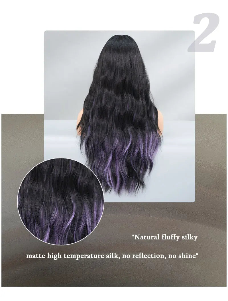 28in Long Wavy Black Purple Highlight Wig, Natural Heat Resistant Synthetic Curly Style with Bangs for Women.