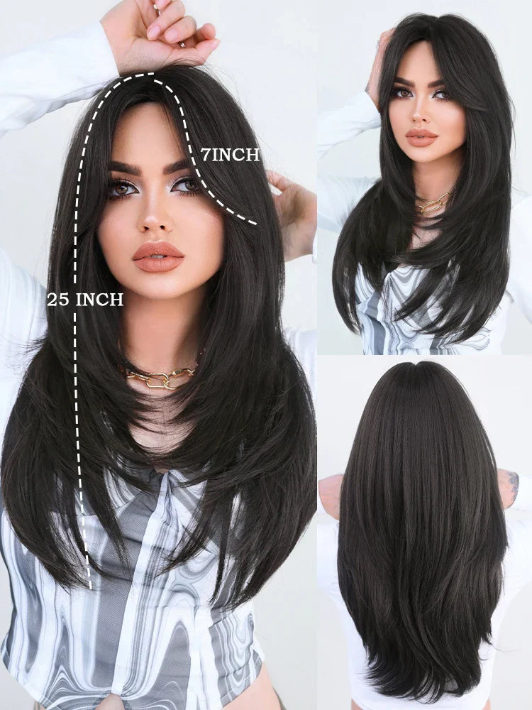 Green Highlight Layered Wig with Curtain Bangs, Synthetic Heat Resistant Hair Wig for Women.