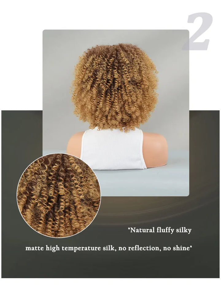 16" Curly Afro Wig with Bangs for Black Women. Kinky curly synthetic wig in ombre brown blonde.