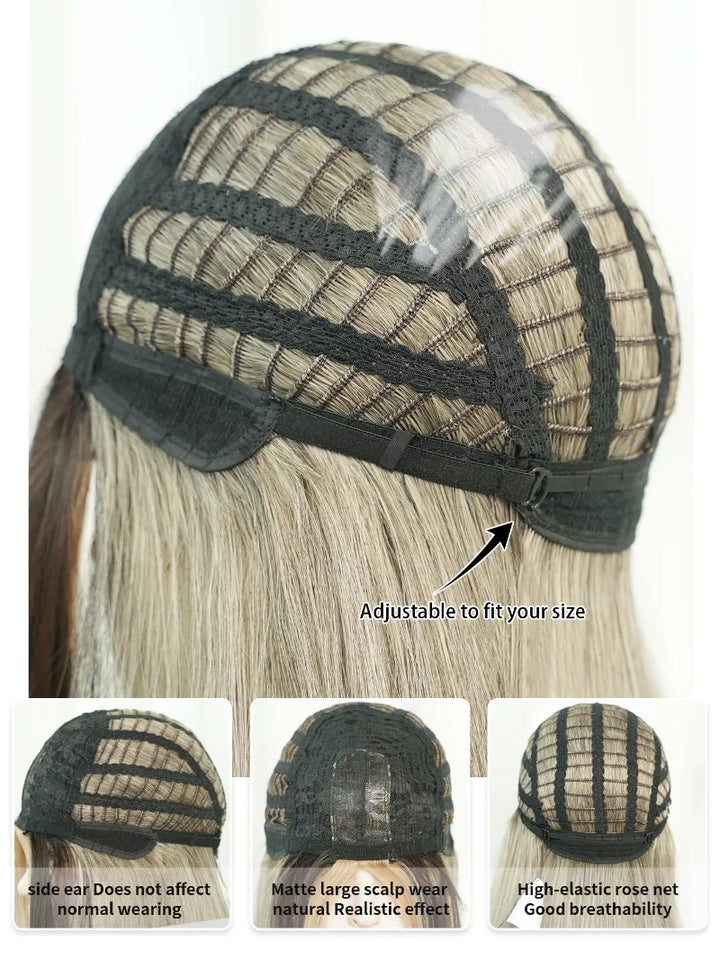 Synthetic hair wig with long straight hair, bangs, middle part, and highlight gray color. Perfect for women, cosplay, and drag queens.