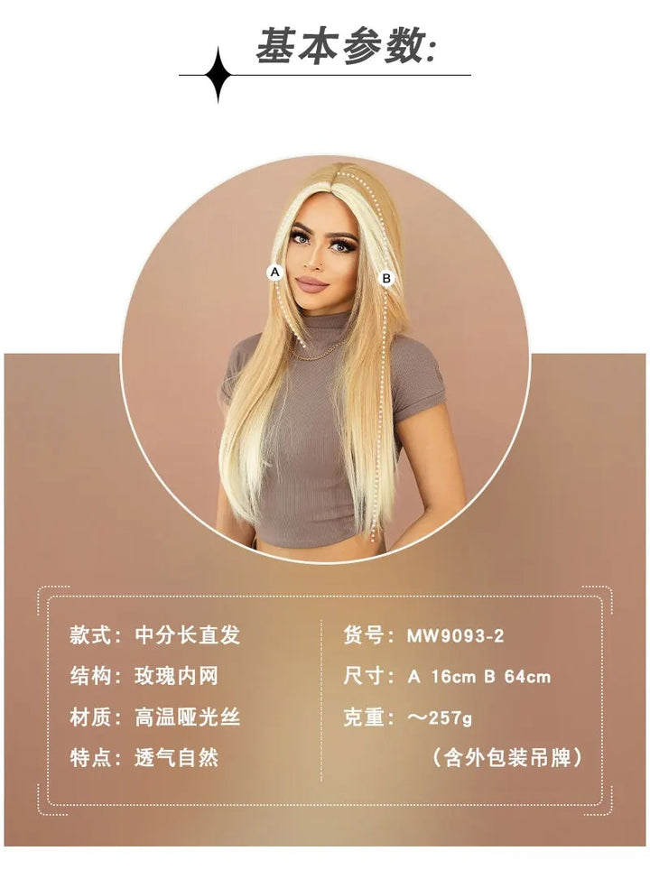 Synthetic hair wig with long straight hair, bangs, middle part, and highlight gray color. Perfect for women, cosplay, and drag queens.
