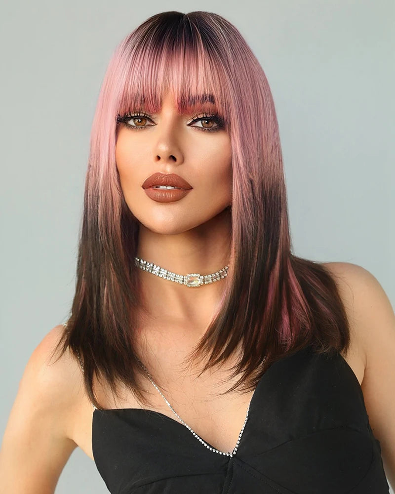 Pink and brown ombre wig with bangs for women. Great for cosplay, Christmas parties, and other events. Made of synthetic material.