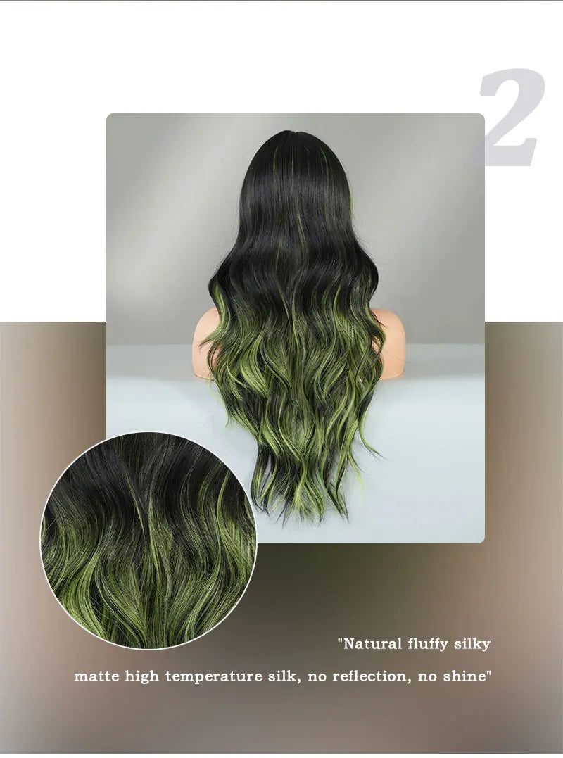 Black Green Synthetic Hair Skunk Stripe Long Wavy Wig, 26 Inch, Heat Resistant Fiber, Wholesale, Natural Matt.