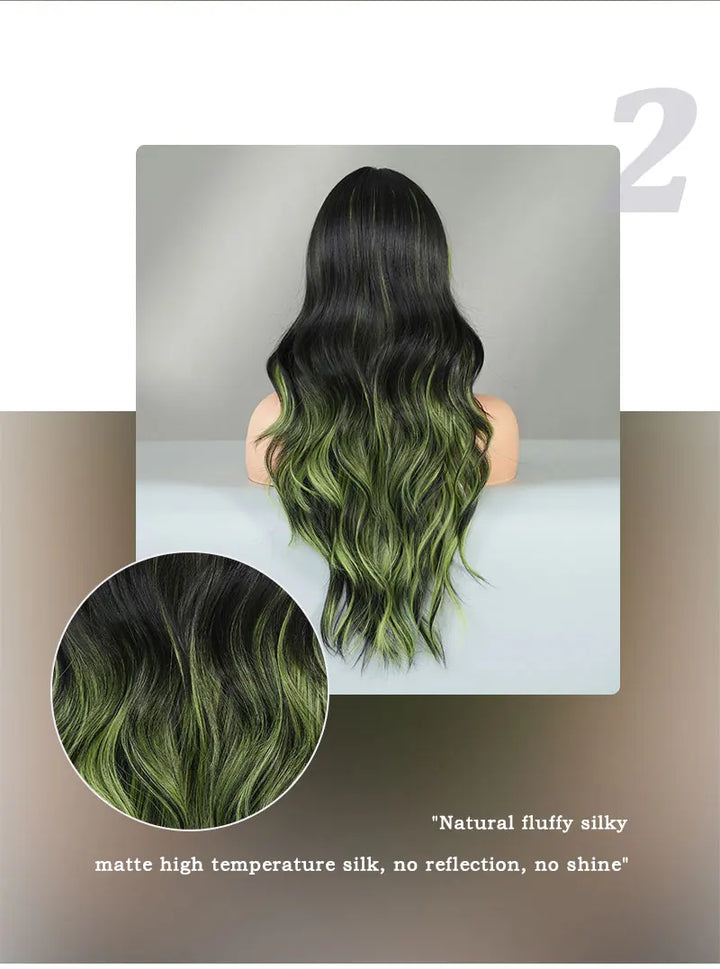 Black Green Synthetic Hair Skunk Stripe Long Wavy Wig, 26 Inch, Heat Resistant Fiber, Wholesale, Natural Matt.