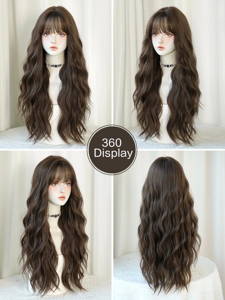 30-inch Extra Long Brown Curly Hair with Bangs Synthetic Matte Hair Wig for Women Heat Resistant
