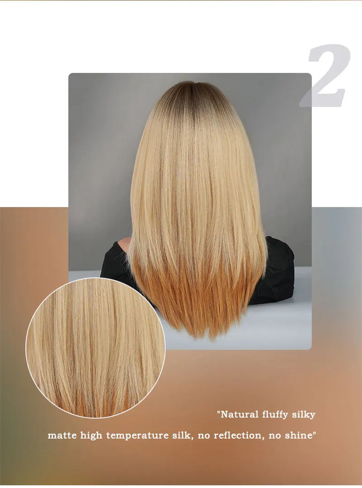 Ombre Blonde Wigs for Women Medium Length Straight Layered Synthetic Wigs With Bangs