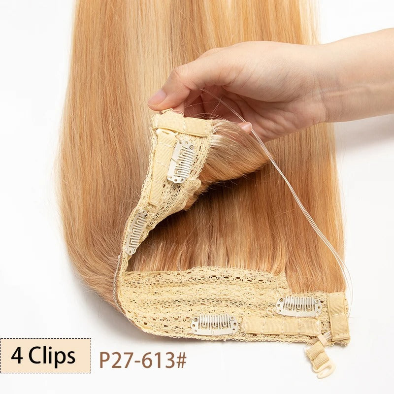 Fish Line Wire Hair Extensions - Invisible Clip-in Human Hair Extensions with 4 Clips. Made from real natural hair, available in lengths of 12-24 inches.
