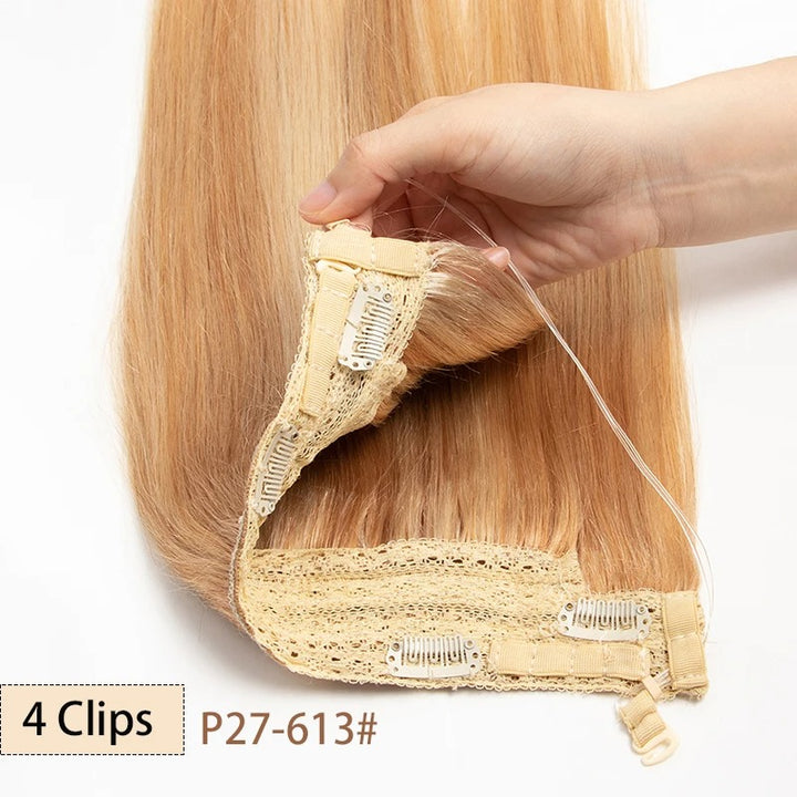 Fish Line Wire Hair Extensions - Invisible Clip-in Human Hair Extensions with 4 Clips. Made from real natural hair, available in lengths of 12-24 inches.