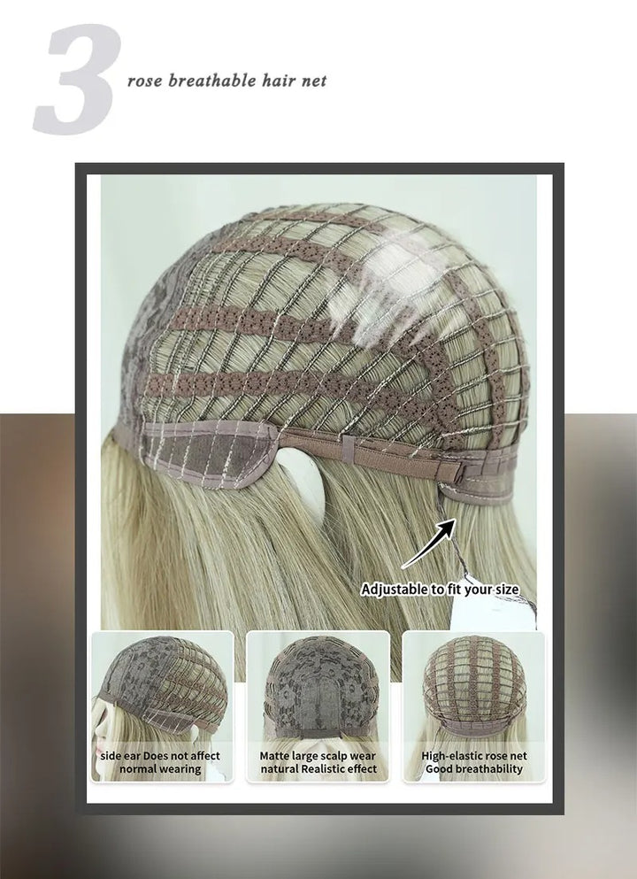 Synthetic hair wig with long straight hair, bangs, middle part, and highlight gray color. Perfect for women, cosplay, and drag queens.