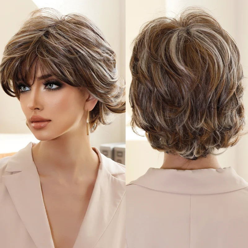Ombre red pixie cut wig with bangs, cute and natural-looking. Short black and burgundy layered wavy style for women.