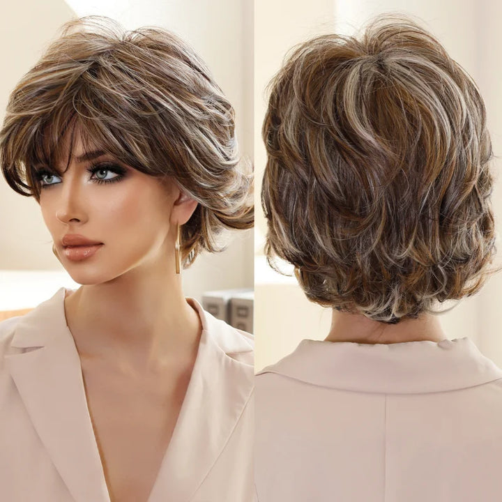 Ombre red pixie cut wig with bangs, cute and natural-looking. Short black and burgundy layered wavy style for women.