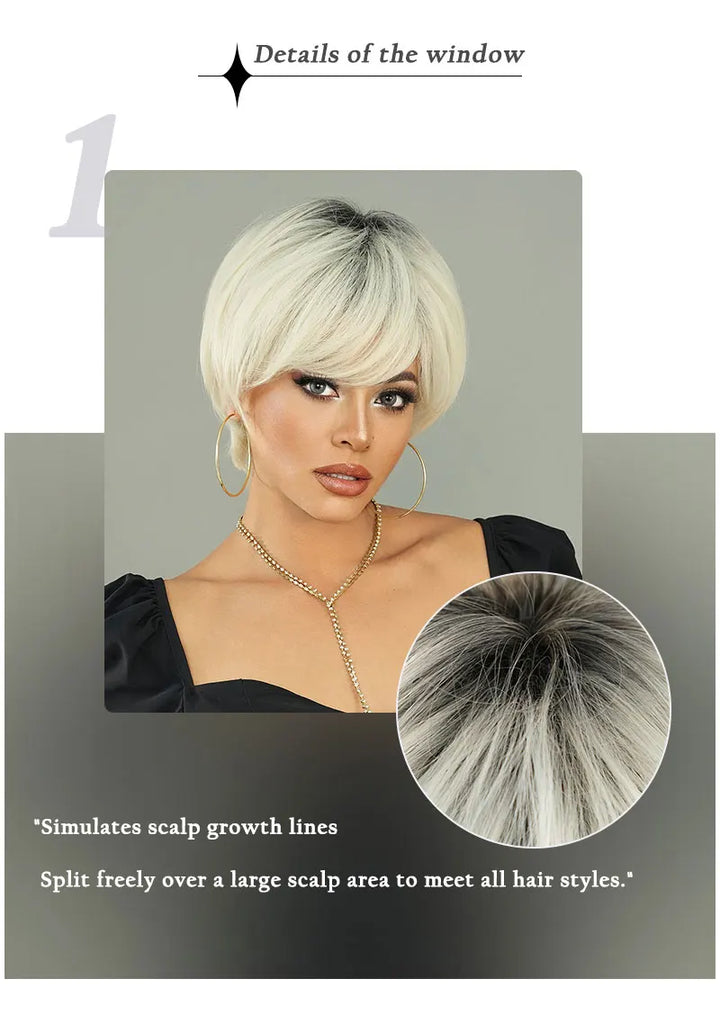 10 Inch Short Pixie Cut Hair Wigs for Women in Platinum Blonde. Layered Synthetic Ombre White Hair Wig for White Women.