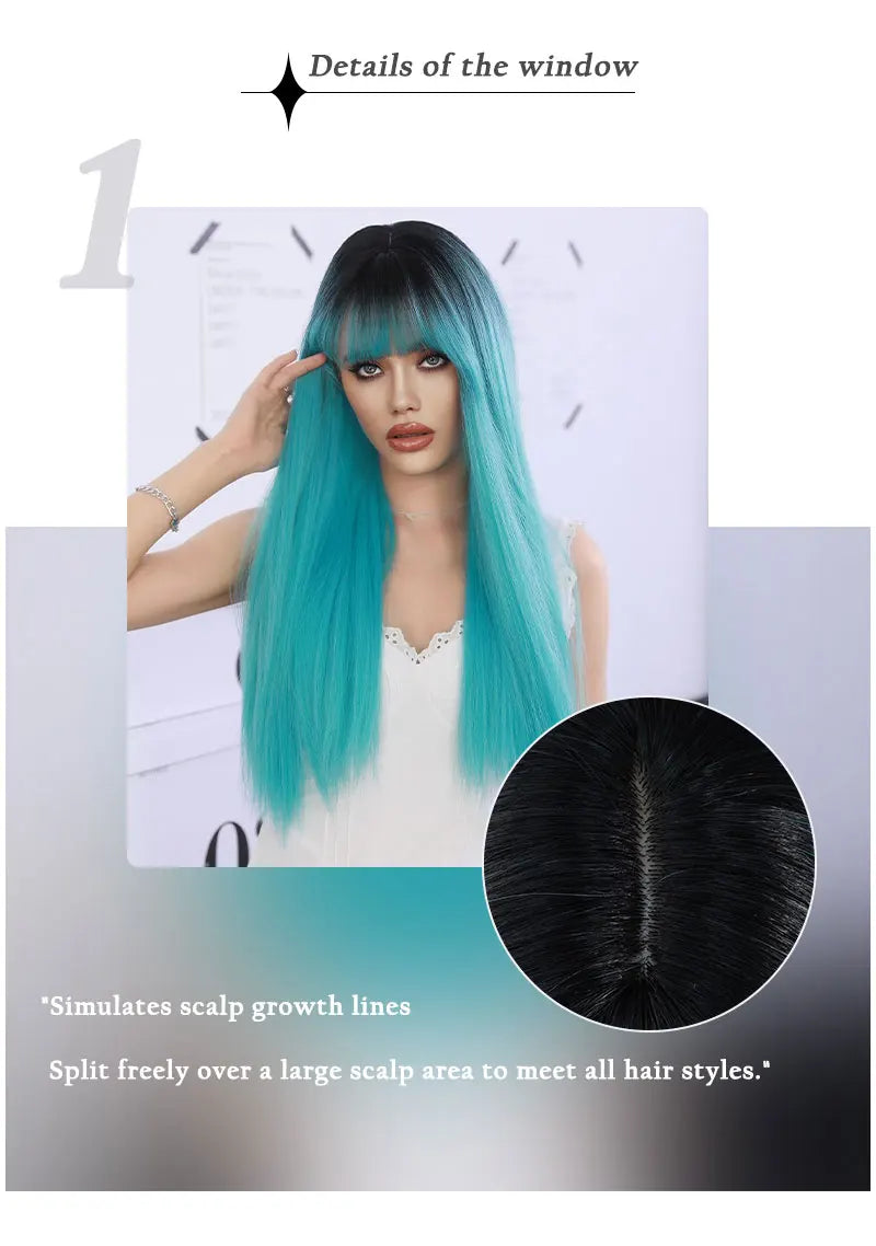 Turquoise Ombre Synthetic Wig with Bangs - Heat Resistant, Bluish Green with Black Roots for a Natural Look.