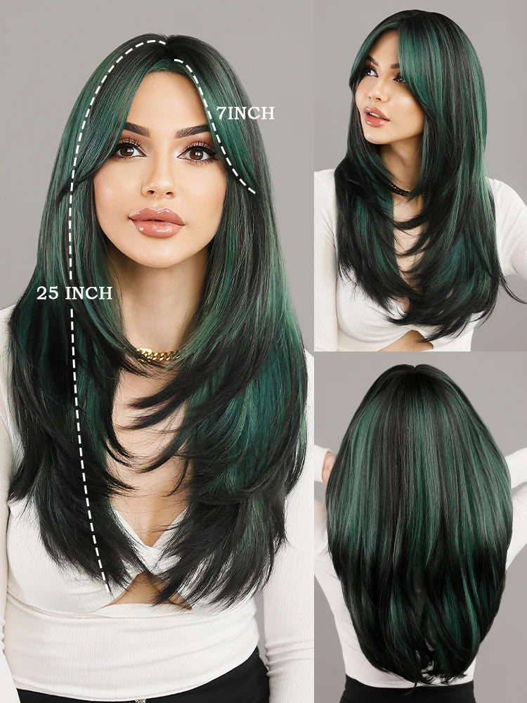 Blonde ombre layered wig with curtain bangs for women. High density heat resistant synthetic hair in dark brown.