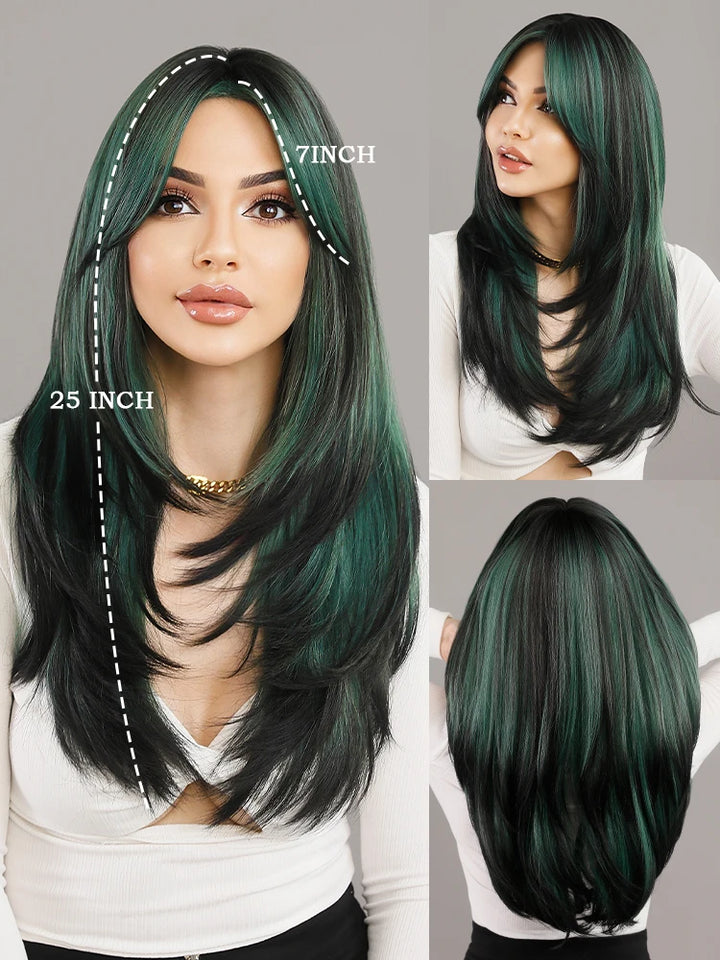 Blonde ombre layered wig with curtain bangs for women. High density heat resistant synthetic hair in dark brown.