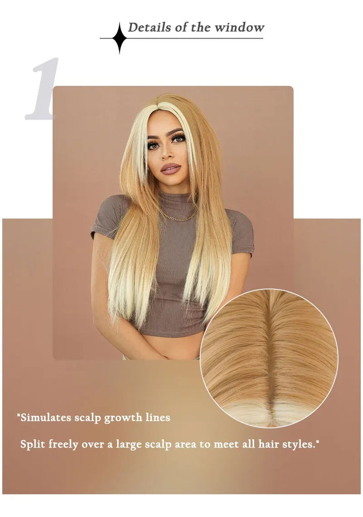 Synthetic hair wig with long straight hair, bangs, middle part, and highlight gray color. Perfect for women, cosplay, and drag queens.